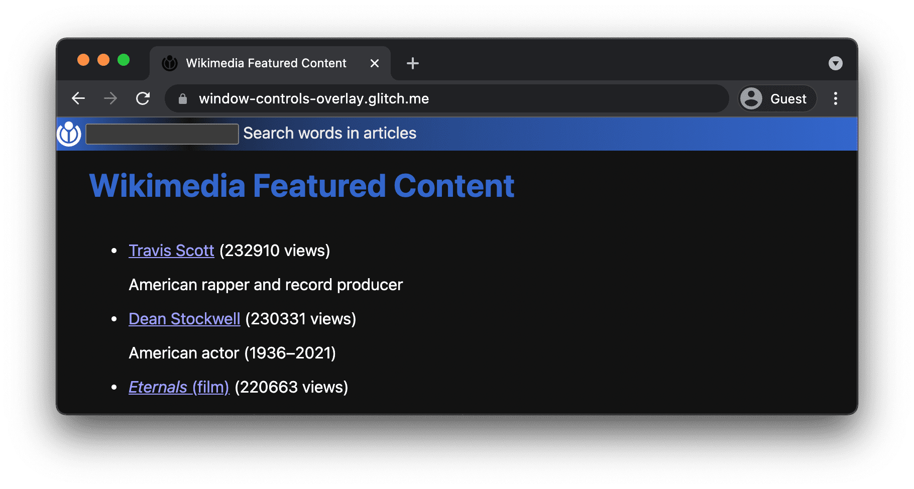 ブラウザタブで実行されている PWA。ウィンドウ コントロール オーバーレイが本文に表示されています。