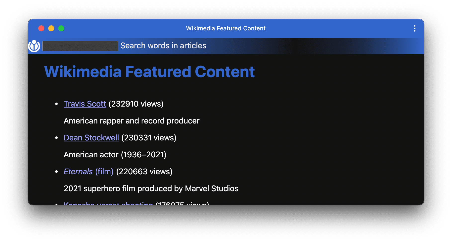 以独立模式运行的 PWA，窗口控件叠加层显示在正文中。