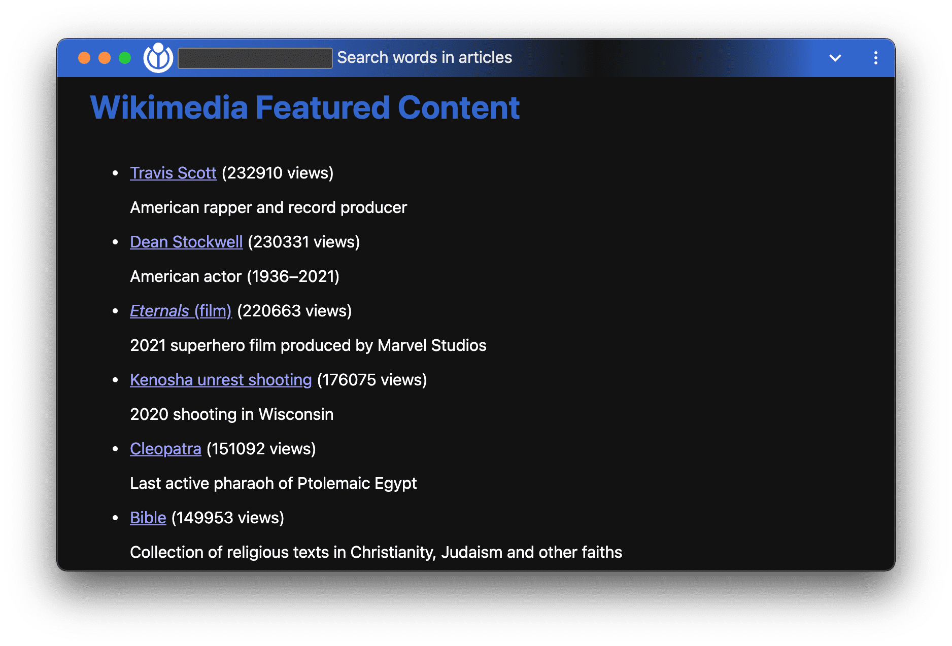 Die Wikimedia Featured Content-Demo-App mit dem Overlay für Fenstersteuerelemente.