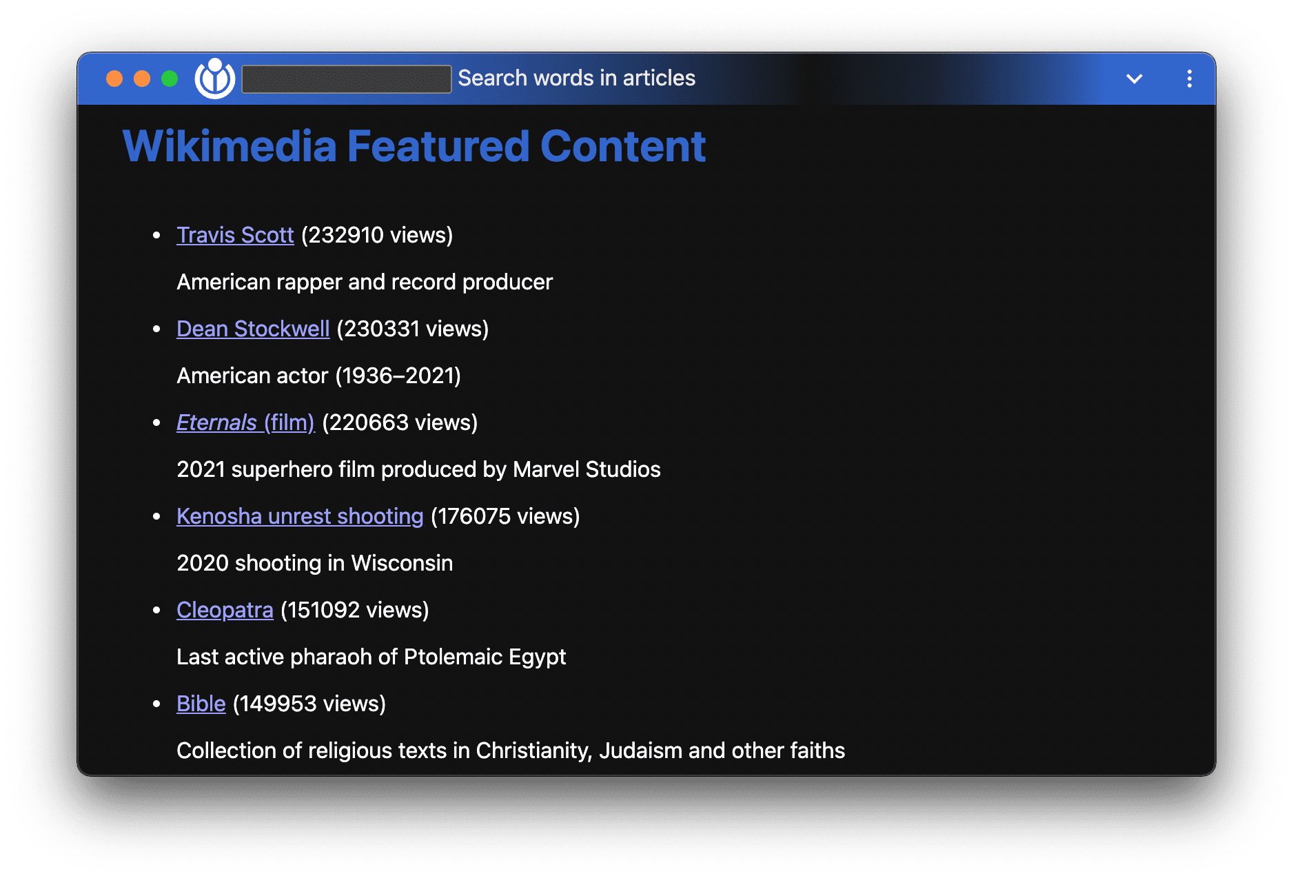 ウィンドウ コントロール オーバーレイが表示された Wikimedia の注目コンテンツのデモアプリ。