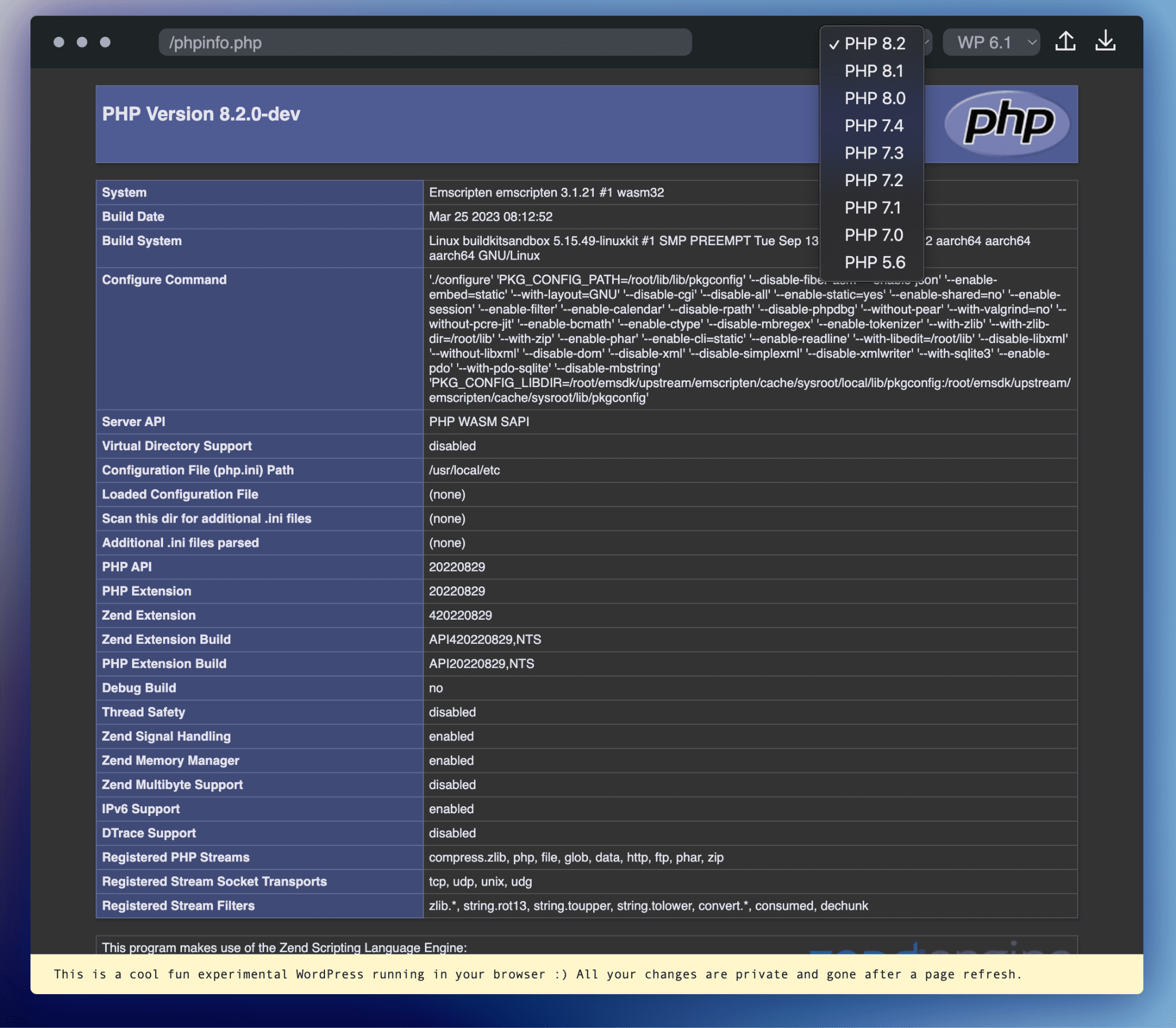 phpinfo sayfası.