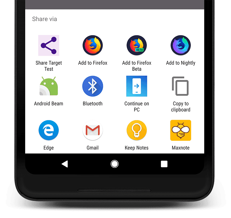 已開啟「分享方式」導覽匣的 Android 手機。