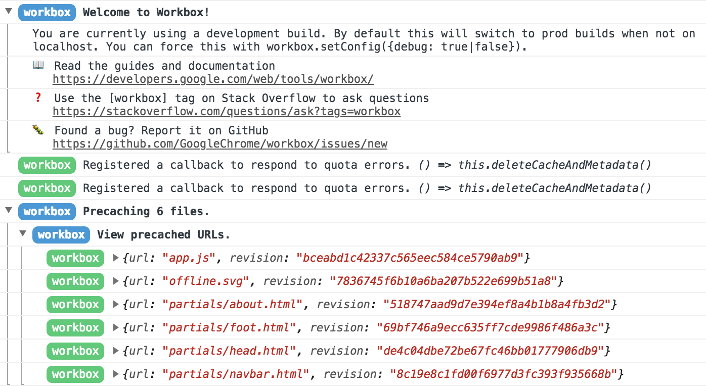 Workbox logging to the DevTools console