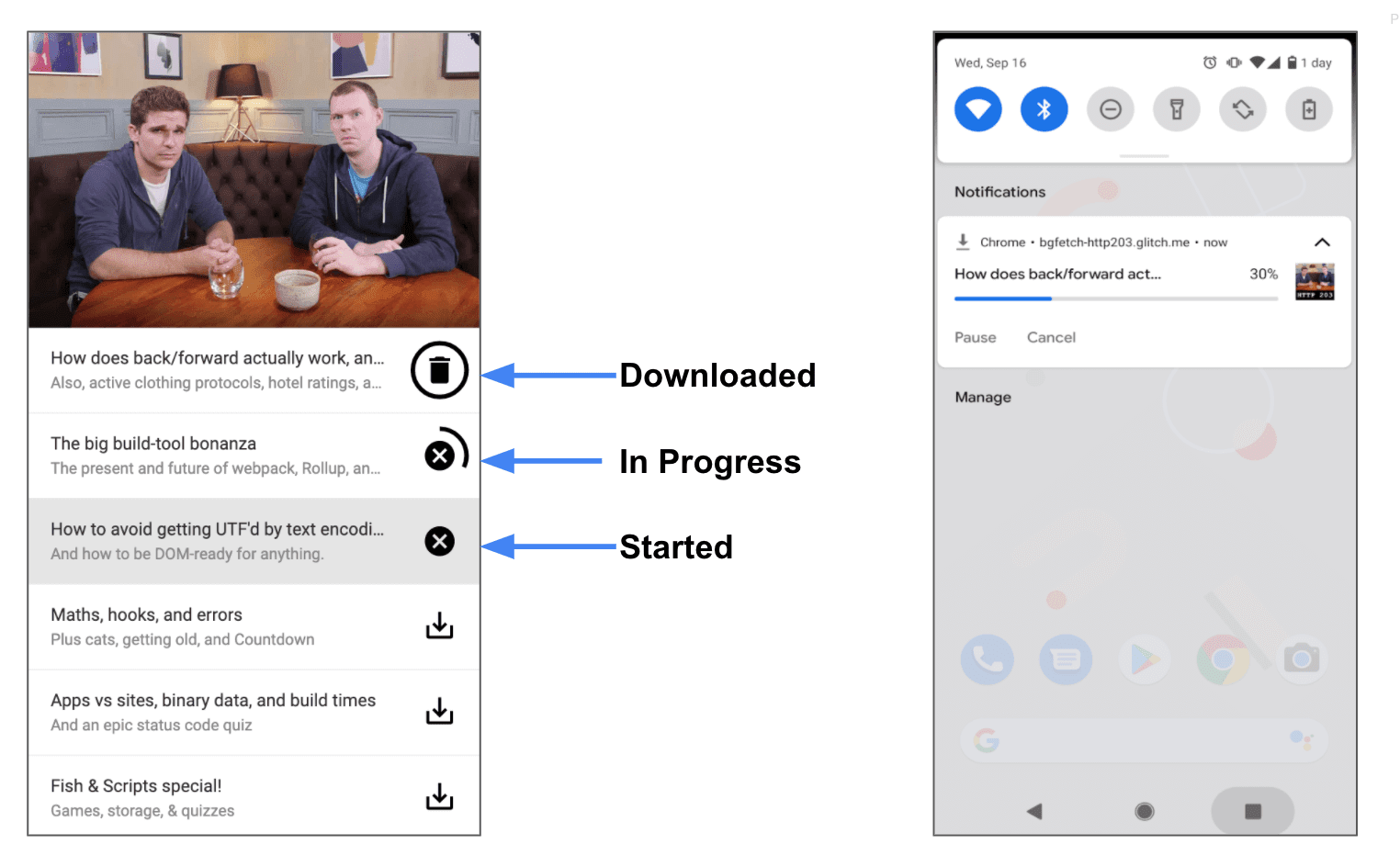 Capture d&#39;écran d&#39;une PWA pour Podcast.