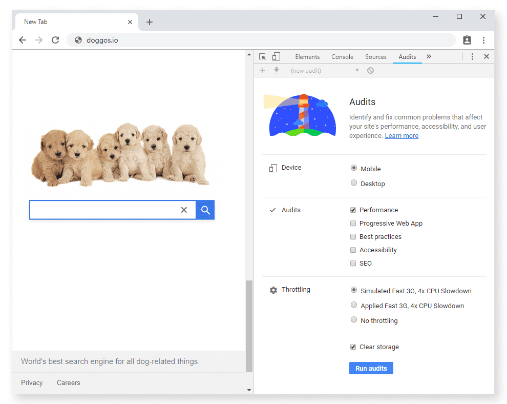 Panel de Lighthouse en las Herramientas para desarrolladores de Chrome