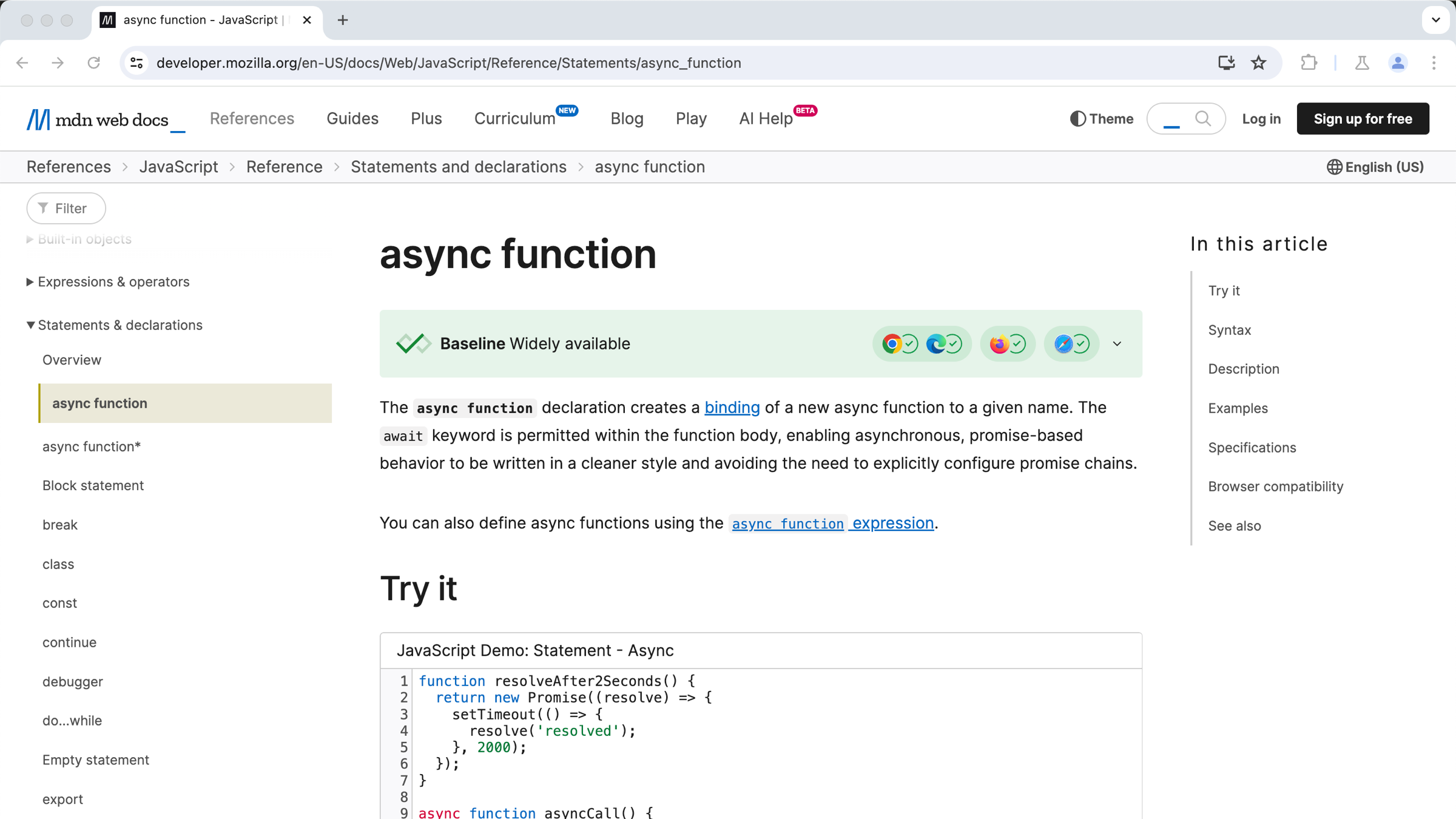 A screenshot of the page for the async function on MDN. The green checkmark for Baseline shows this feature is widely available.