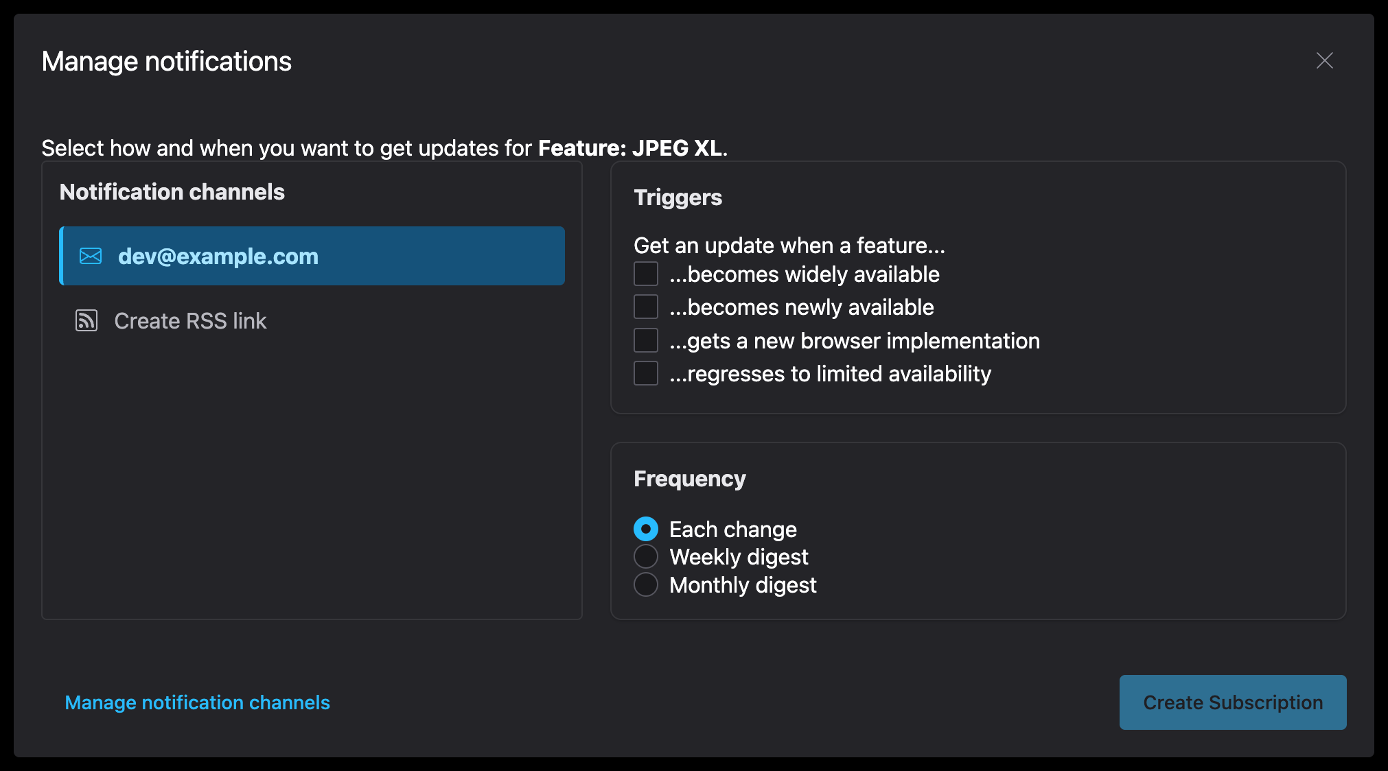 The Subscriptions dialog showing notification triggers and frequency settings.