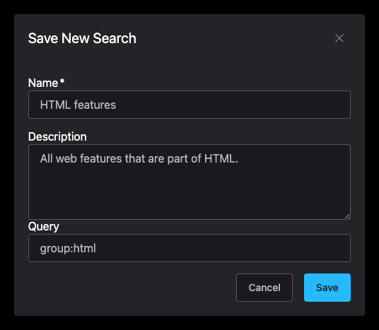 The Web Platform Status dashboard showing search results for HTML features and the 'Save search' button.