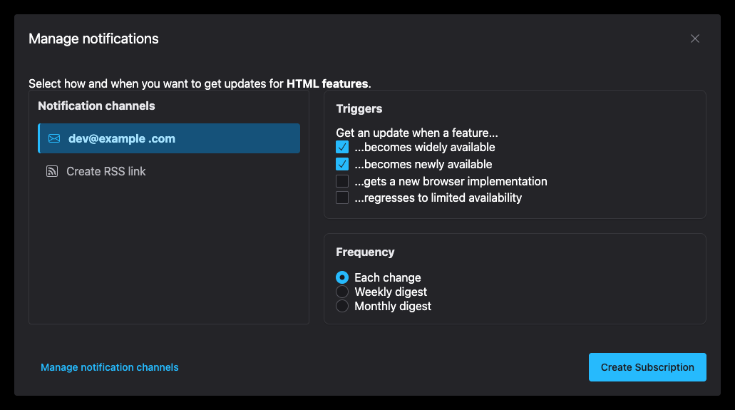 The Subscriptions dialog for a saved search, showing options to receive notifications via email or RSS.