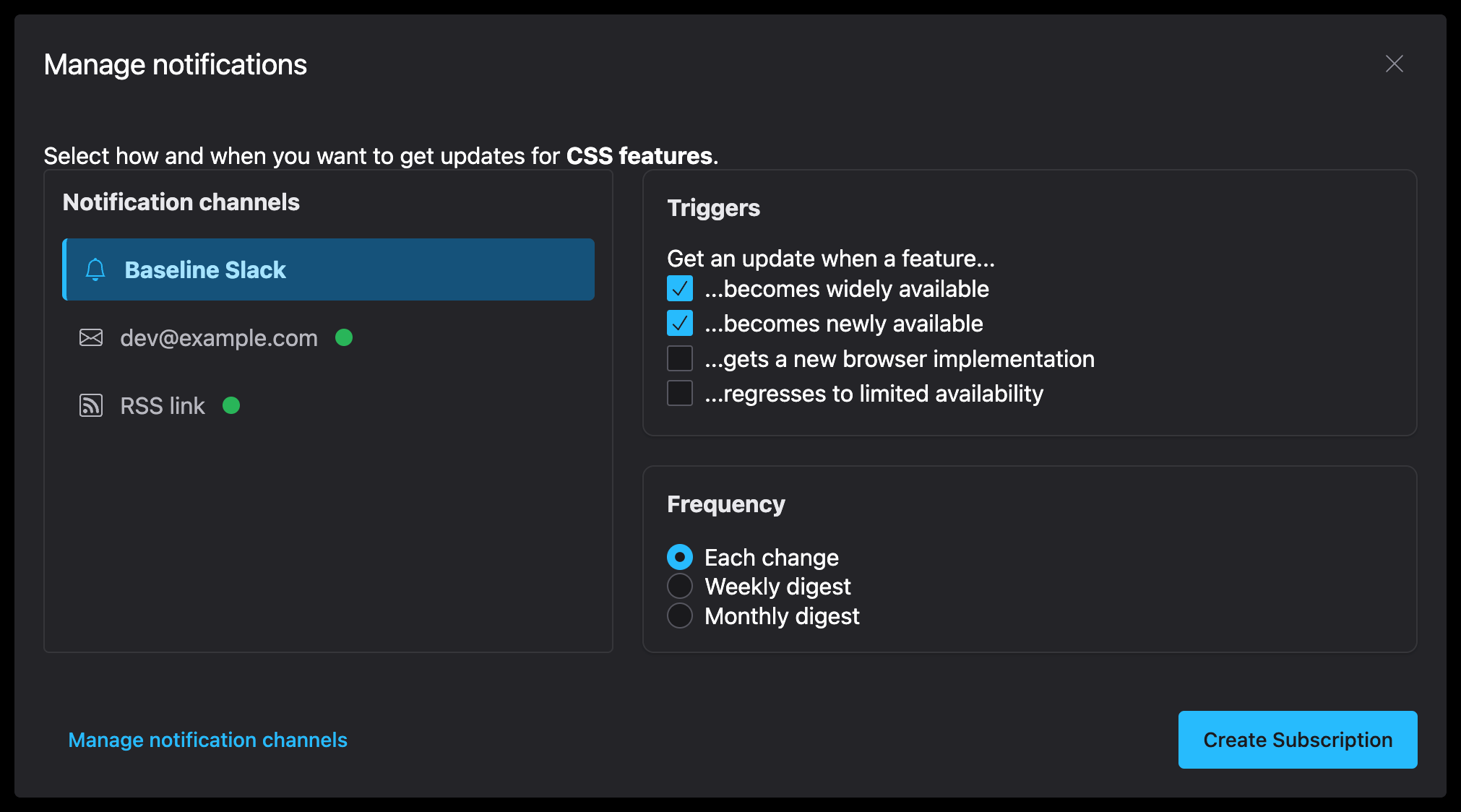 The Notification channels settings page showing a webhook section with a field for a Slack webhook URL.