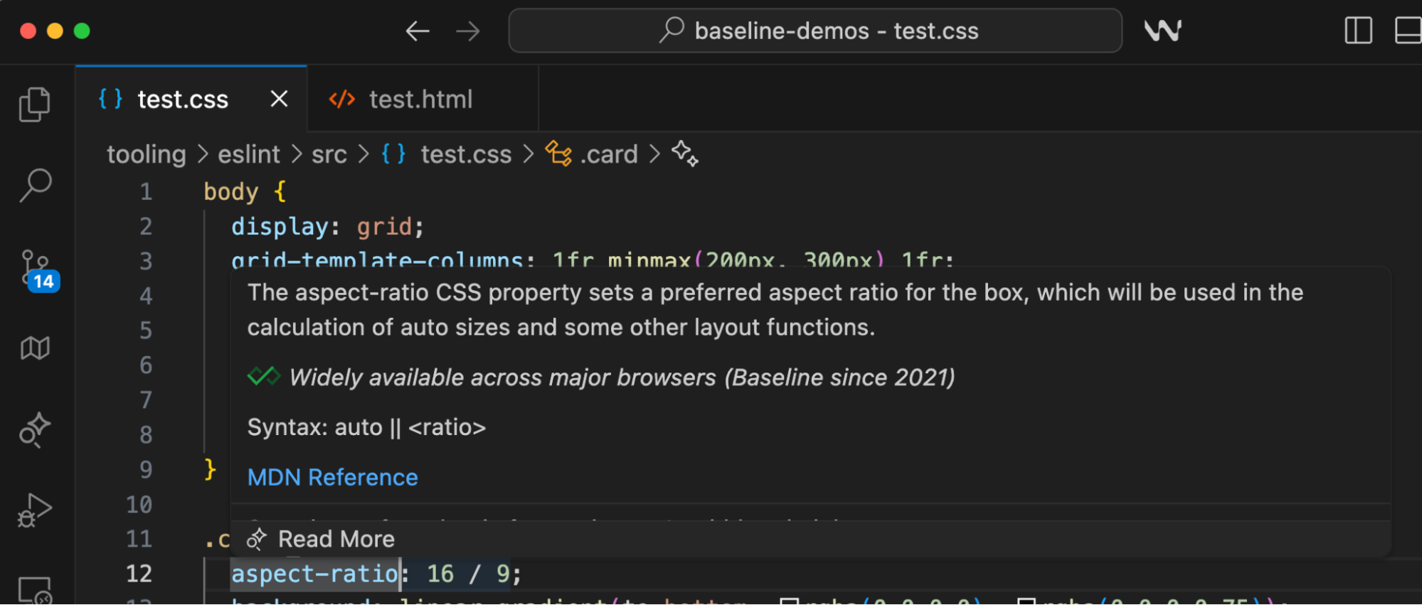 विंडसर्फ़ आईडीई में दिखाया गया बेसलाइन होवर कार्ड. इसमें उपयोगकर्ता को किसी सुविधा पर कर्सर घुमाते हुए दिखाया गया है.