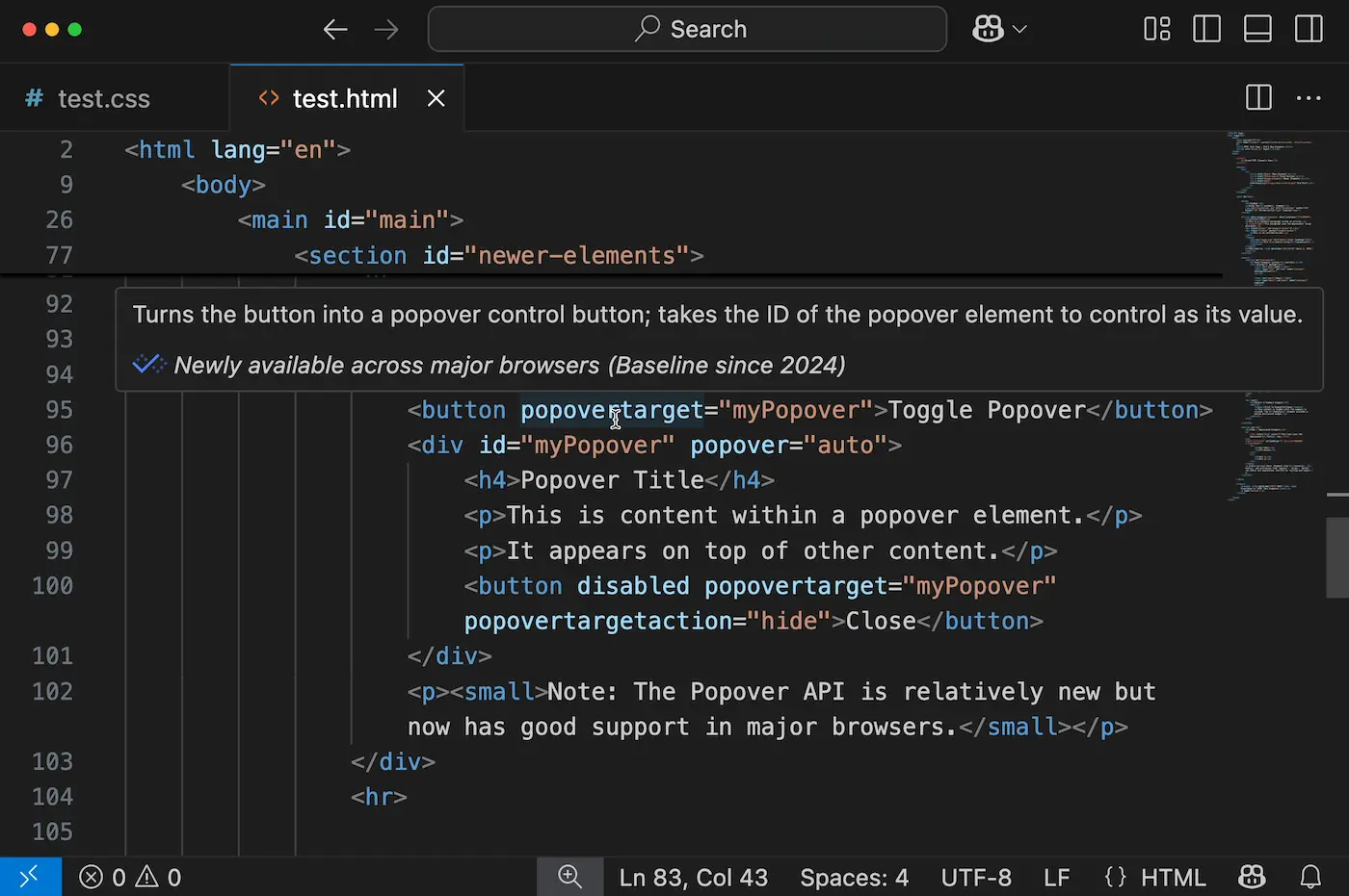 [Widely available] ダイアログの HTML 要素と [Newly available] ポップオーバーの属性にカーソルを合わせる
