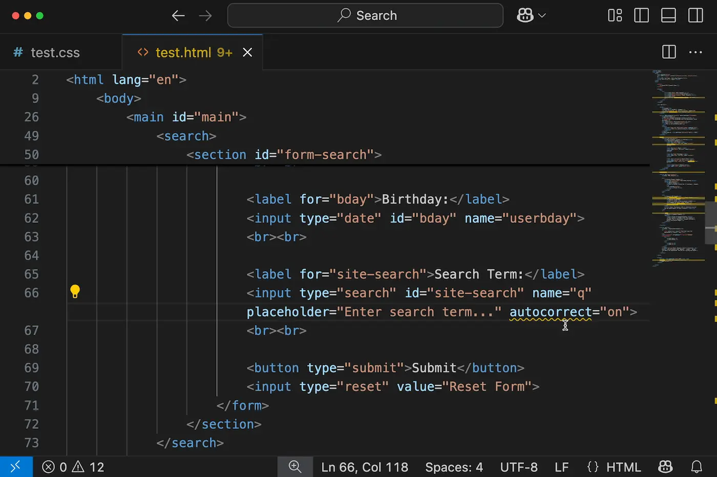 Penyorotan ESLint HTML yang menunjukkan bahwa fitur koreksi otomatis belum menjadi Baseline, dan menekan peringatan tersebut dengan komentar