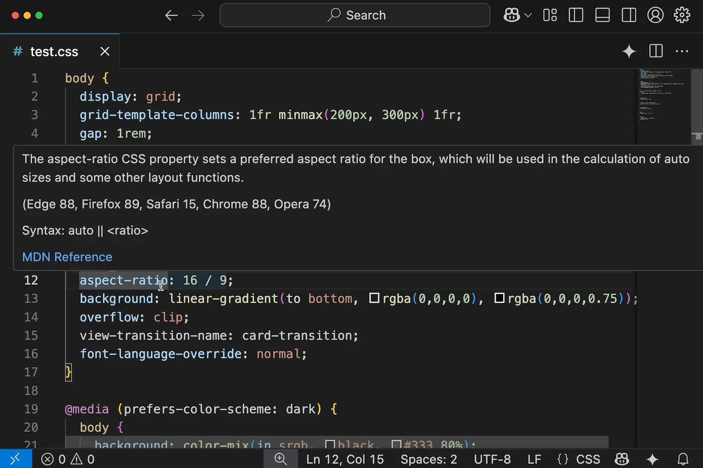 在早期版本的 VS Code 中，将鼠标悬停在宽高比 CSS 属性上，浏览器支持以版本号表示：Edge 88、Firefox 89、Safari 15、Chrome 88、Opera 74