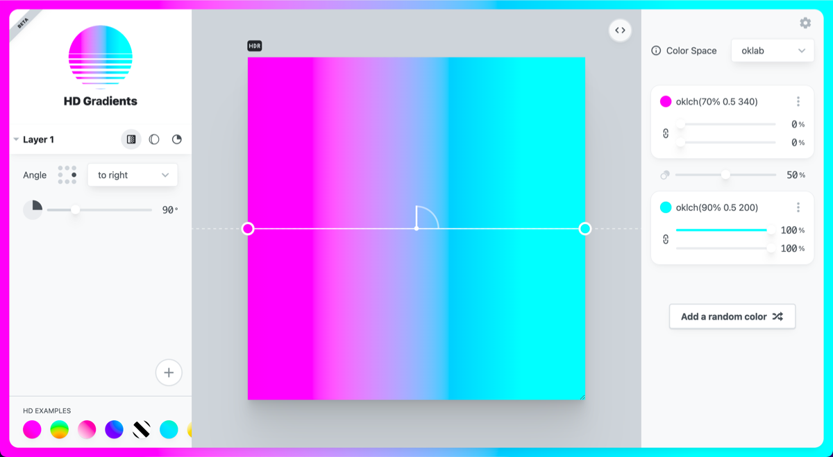 gradient.style एडिटर का स्क्रीनशॉट, जिसमें गुलाबी से नीले रंग के वाइब्रेंट ग्रेडिएंट हैं.