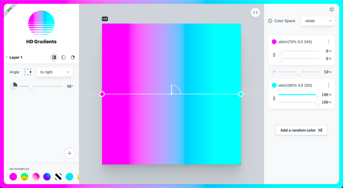 Capture d'écran de l'éditeur gradient.style avec un dégradé rose-bleu vif.