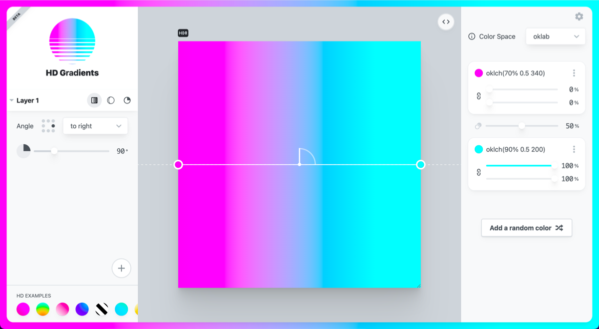 Captura de tela do editor gradient.style com um gradiente vibrante de rosa a azul.