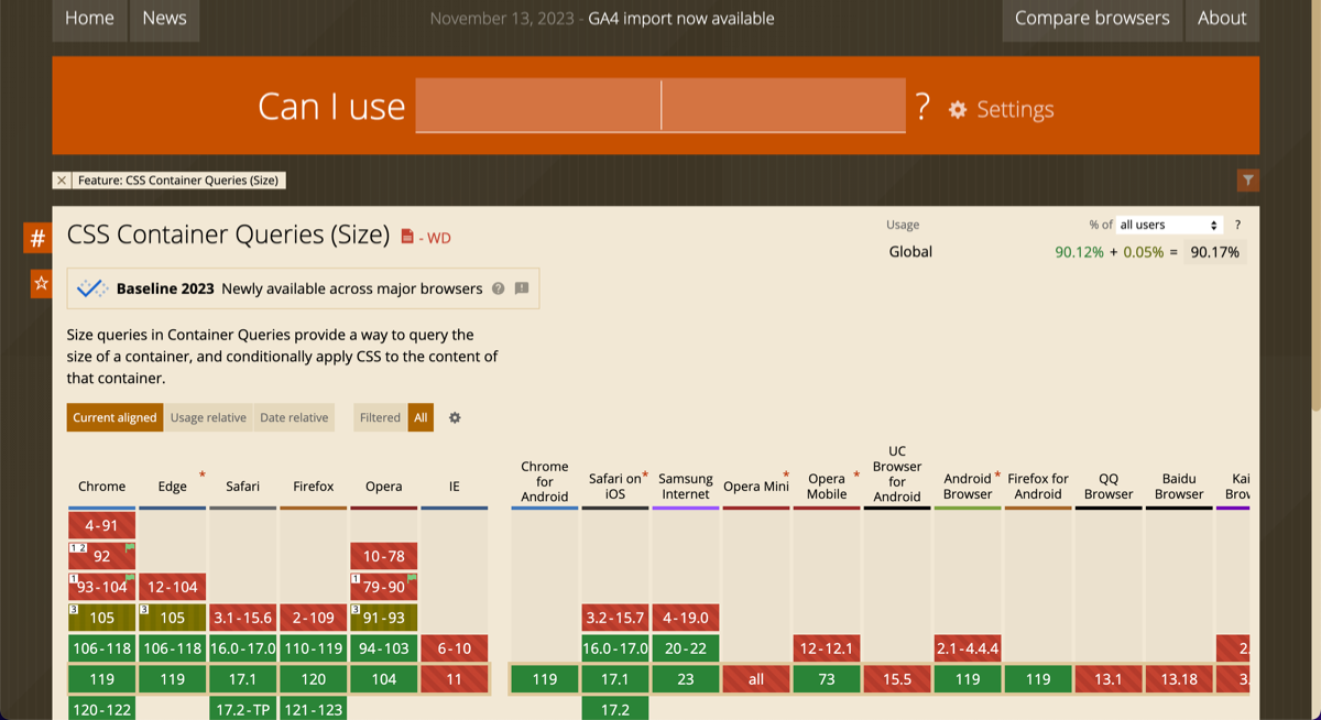 Screenshot of Can I Use pinch nan recently disposable badge connected Container Queries.