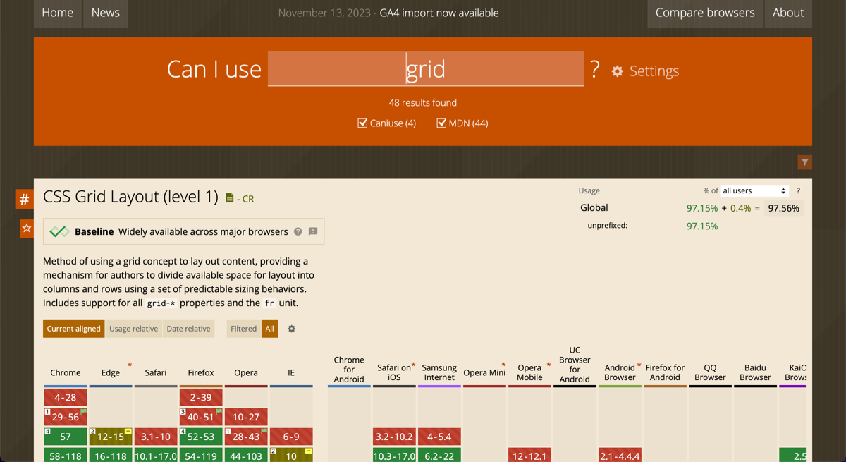 لقطة شاشة لـ &quot;هل يمكنني استخدام&quot; مع الشارة &quot;متاحة على نطاق واسع&quot; في CSS Grid Layout.