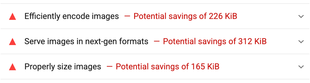 The three image-optimization audits in a Lighthouse report
