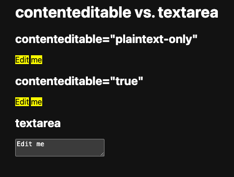 Demo, die zeigt, dass die CSS Custom Highlight API nur mit den „contenteditable“-Div-Elementen, aber nicht mit dem „Textarea“-Element funktioniert