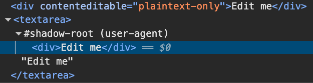 Chrome DevTools Elements 패널에서 textarea를 검사하고 있으며, 사용자 에이전트 섀도우 루트에서 div를 사용하고 있음을 보여줍니다.