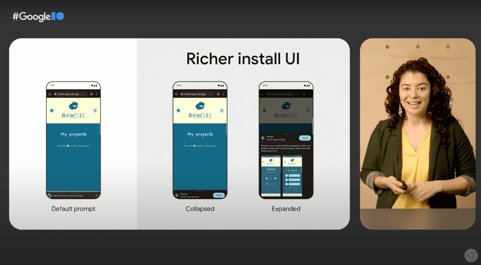A still from a talk with the speaker showing examples of a richer install UI.