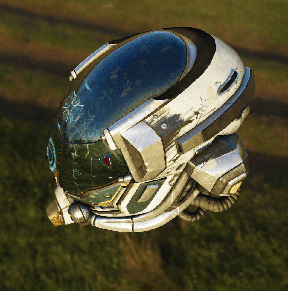 A 3D model of a well-worn  helmet.