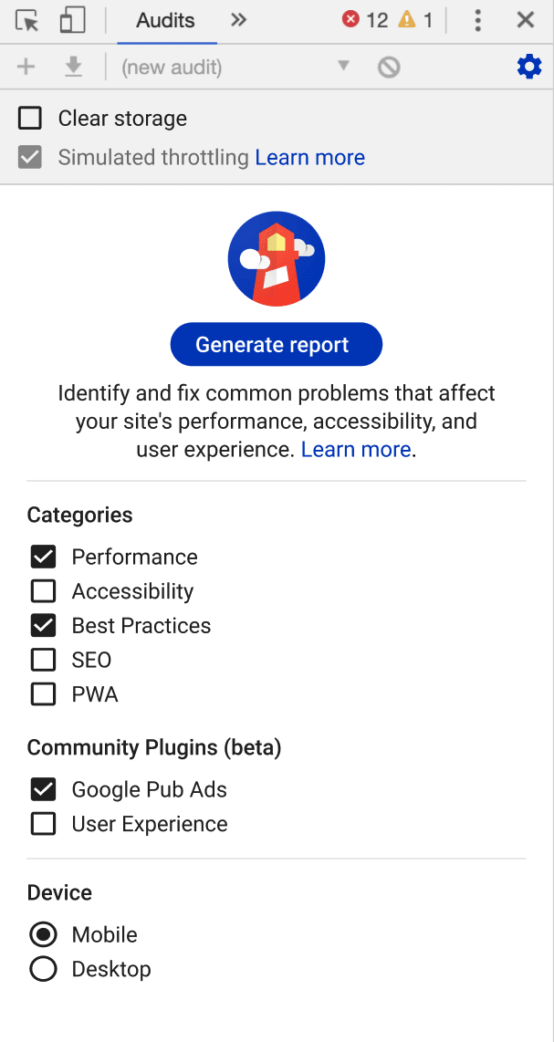 Painel de auditorias do Chrome DevTools com opções para executar plug-ins do Lighthouse para anúncios do editor do Google e experiência do usuário.