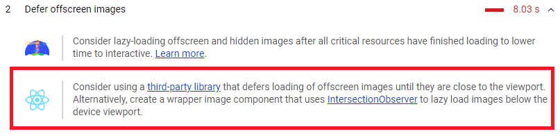 Recomendación del informe de Lighthouse para diferir las imágenes fuera de pantalla en las aplicaciones de React.