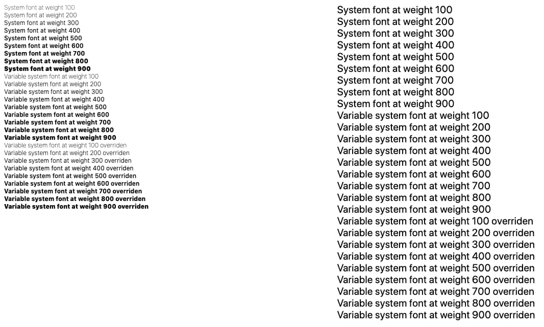 系統 UI 的顯示畫面，以及清單中所有字體粗細和變化版本。其中一半未套用權重差異。