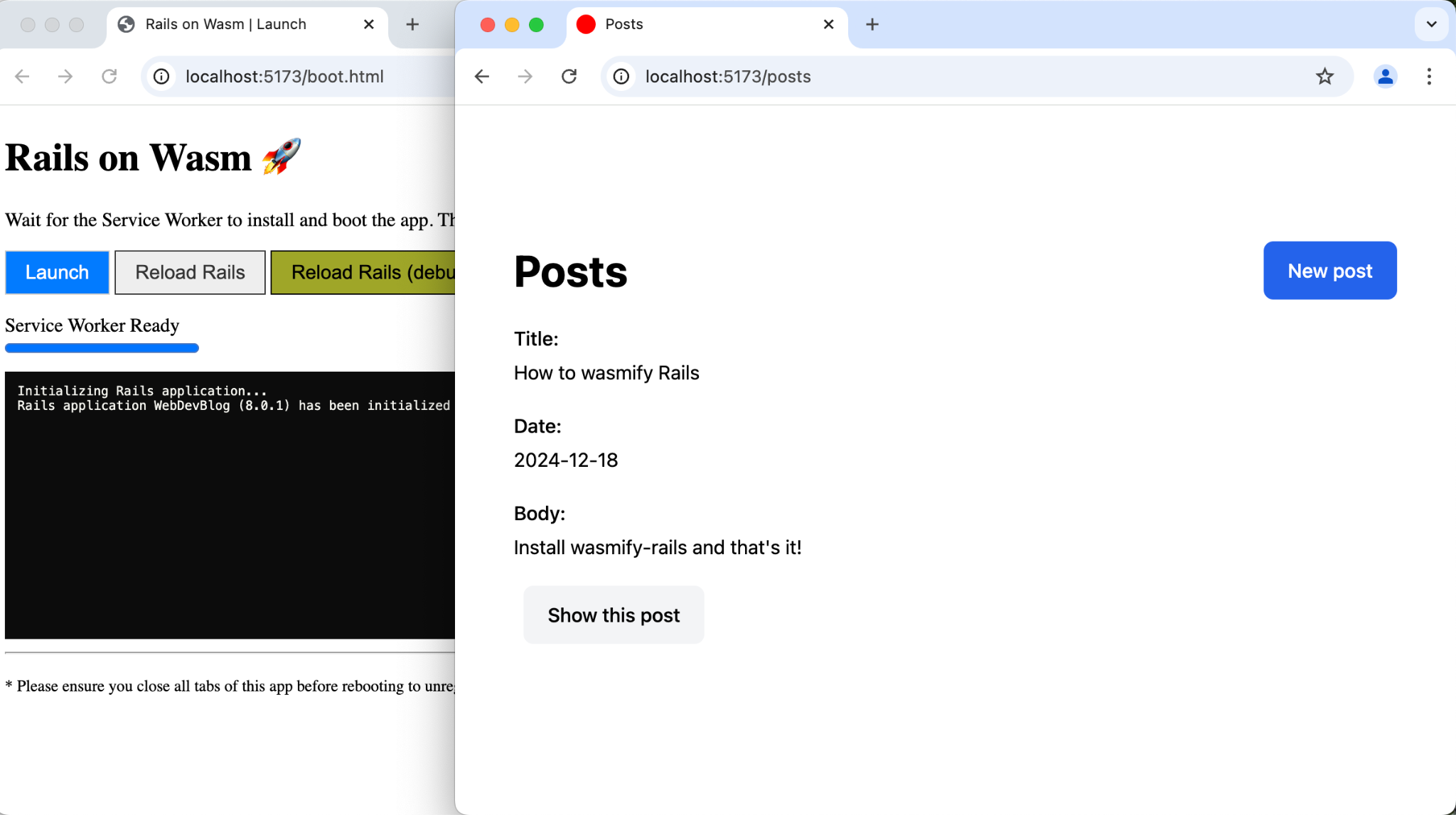 Blog Ruby on Rails uruchomiony z karty przeglądarki w innej karcie przeglądarki.