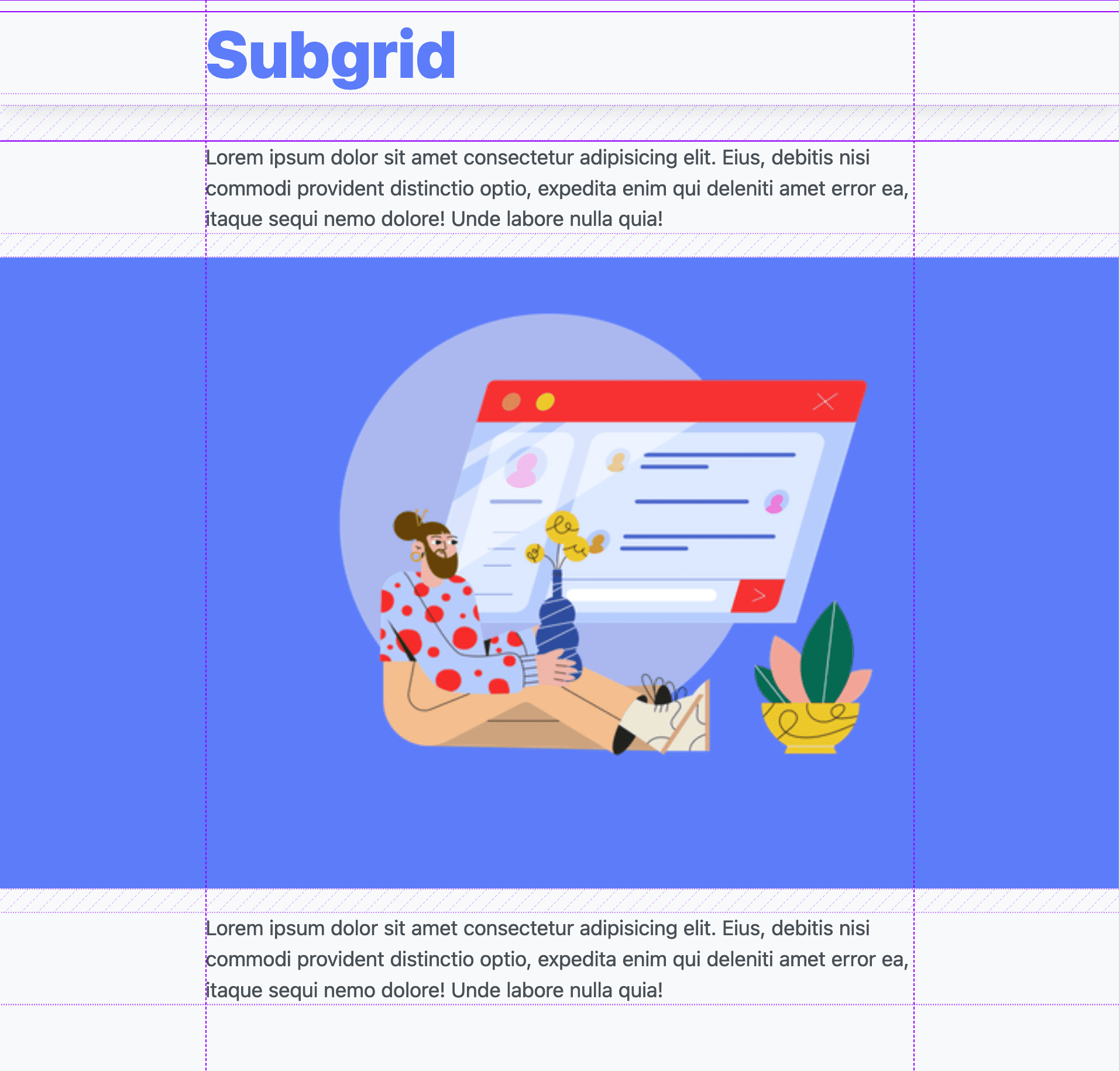 Screenshot of a subgrid demo, using the Chrome Devtools grid overlay tooling to show the lines defined by CSS.