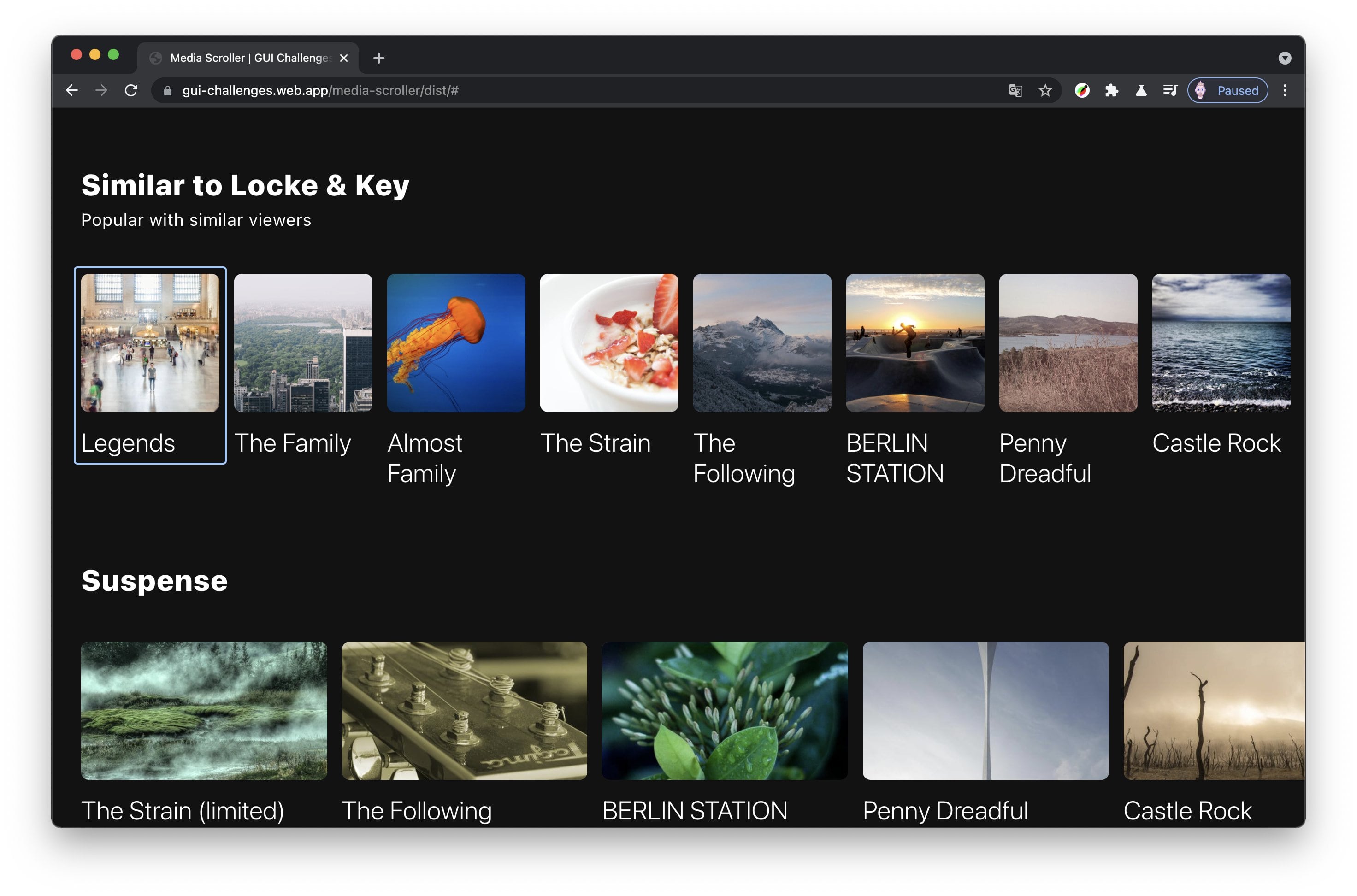 Screenshot der Benutzeroberfläche eines Serienkarussells mit vielen Thumbnails und Titeln.