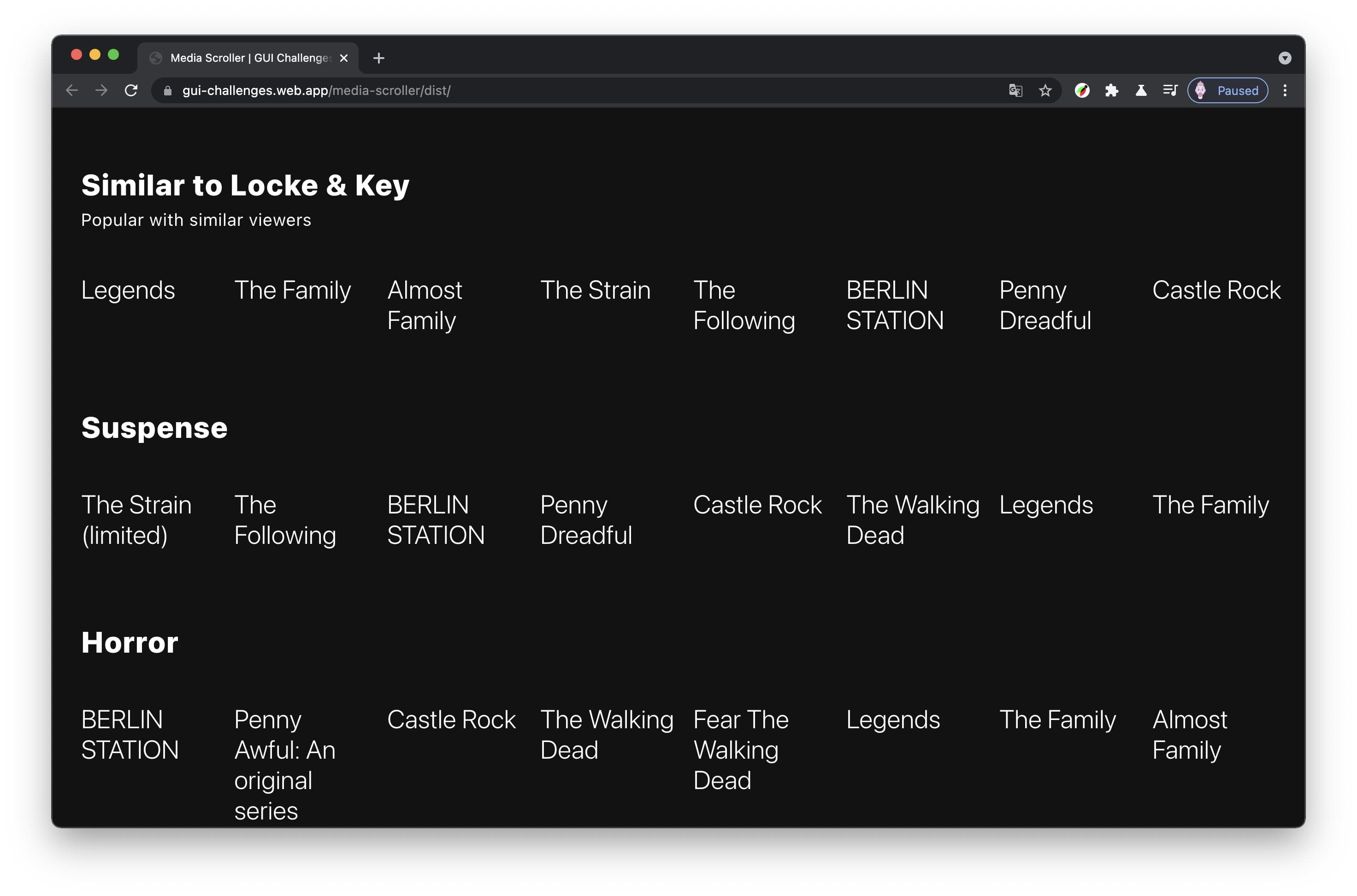 Screenshot of a TV show carousel interface with no thumbnails and many titles shown.