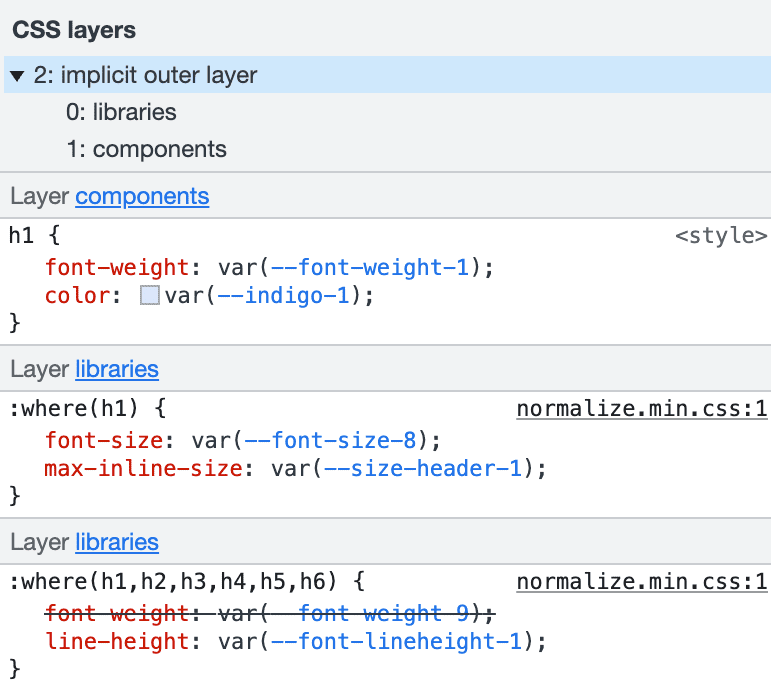 Chrome Devtools-এর স্টাইল সাইডবারের স্ক্রিনশট, নতুন লেয়ার গোষ্ঠীর মধ্যে শৈলীগুলি কীভাবে উপস্থিত হয় তা হাইলাইট করে৷