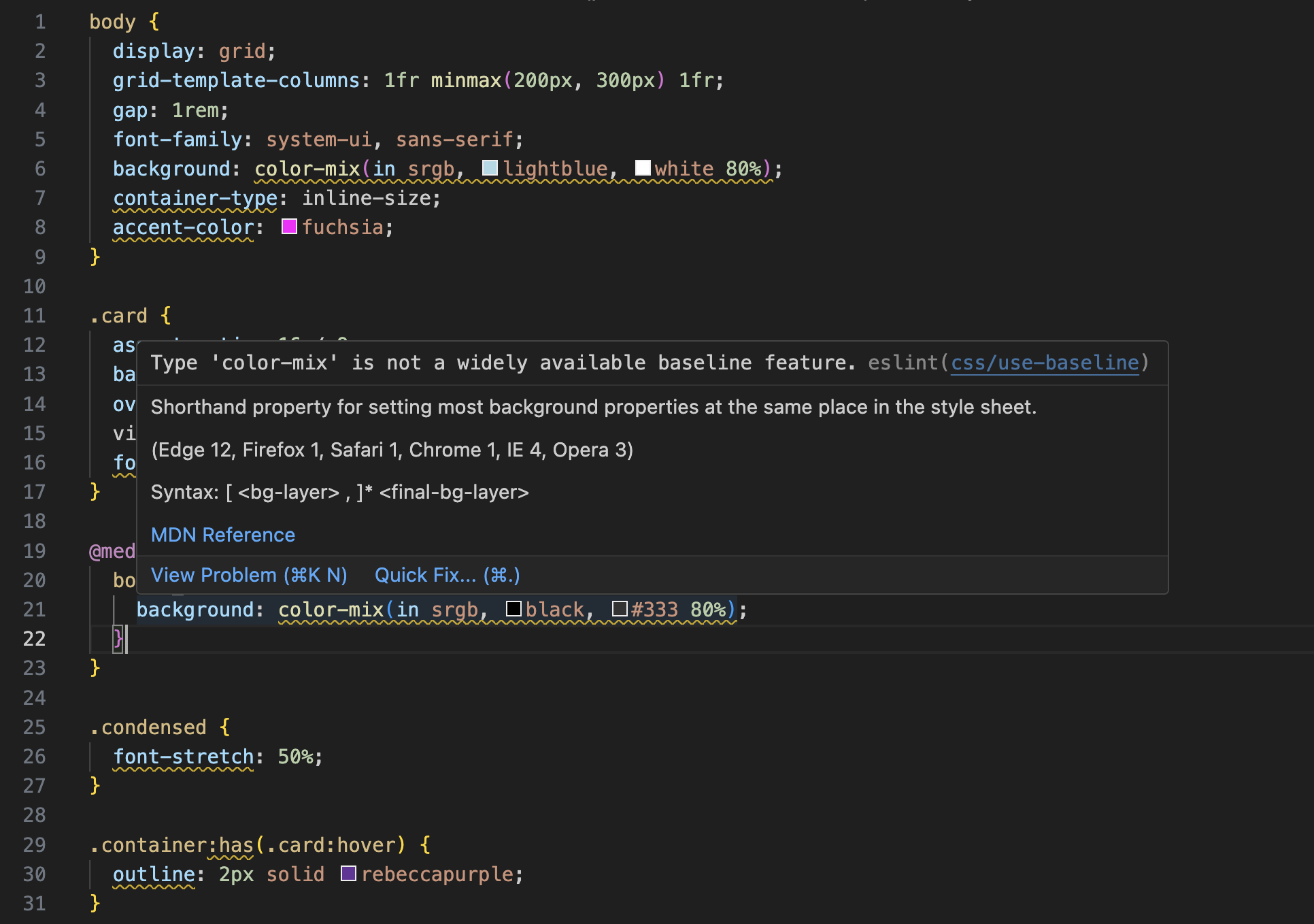 VSCode 中使用的 ESLint 插件,显示基准目标之外的功能的下划线。