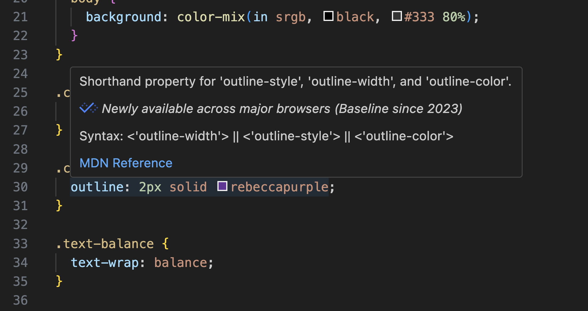 VSCode 中的悬停卡片,显示基准状态。