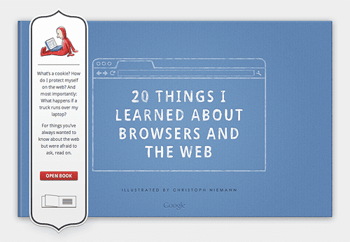 Bìa sách và trang chủ của &quot;20 điều tôi đã tìm hiểu được về trình duyệt và web&quot;