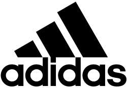 El logotipo negro de adidas con las icónicas tres tiras sobre la marca denominativa de adidas en minúsculas.