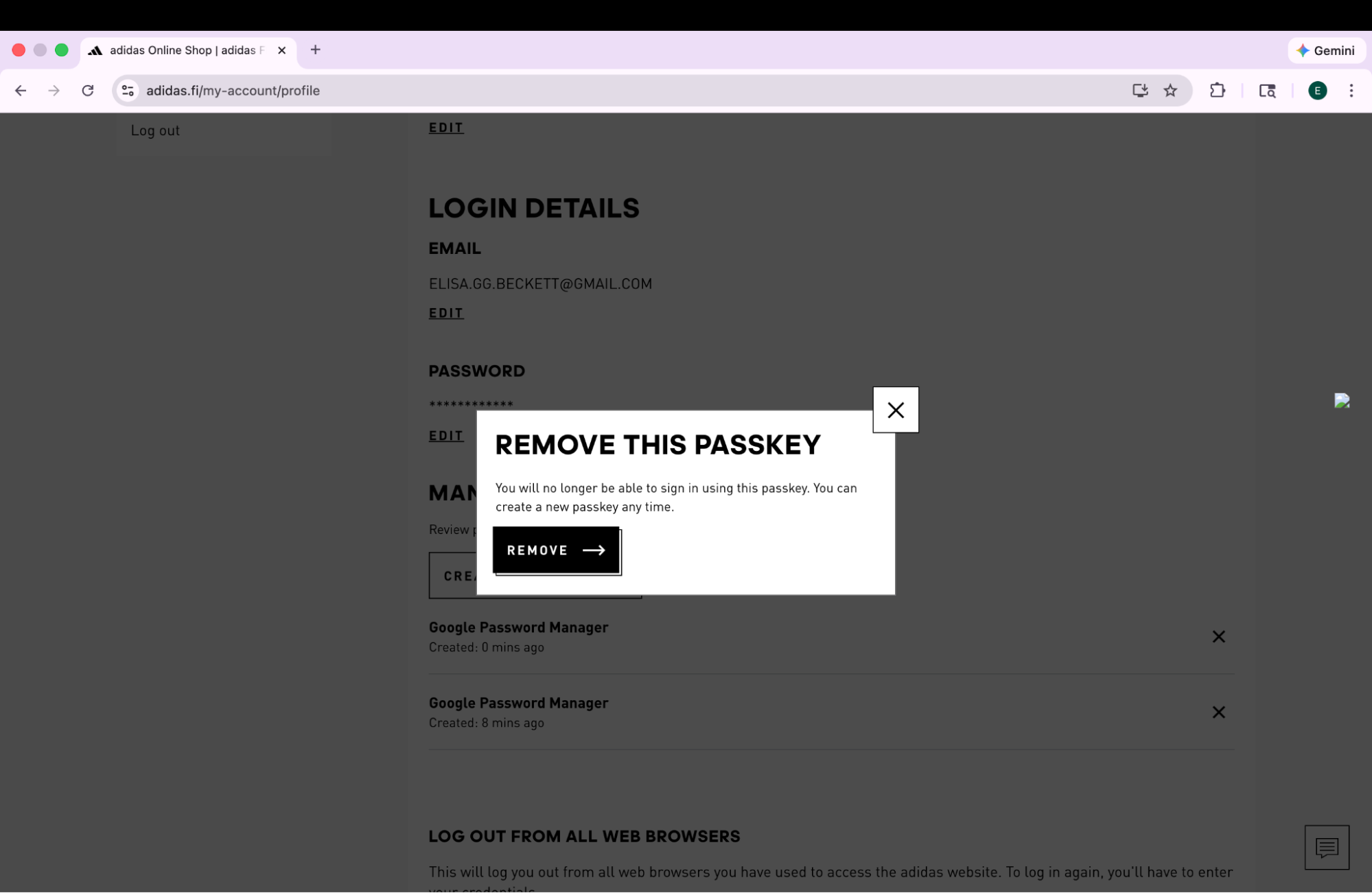 adidas 帳戶設定中的確認模式，可讓使用者移除特定密碼金鑰，並顯示警告訊息，指出該密碼金鑰將無法再用於登入。