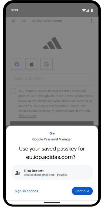 Lời nhắc khoá truy cập ở cấp hệ thống trên thiết bị Android, yêu cầu người dùng sử dụng khoá truy cập đã lưu để đăng nhập vào nhà cung cấp dịch vụ danh tính của adidas.