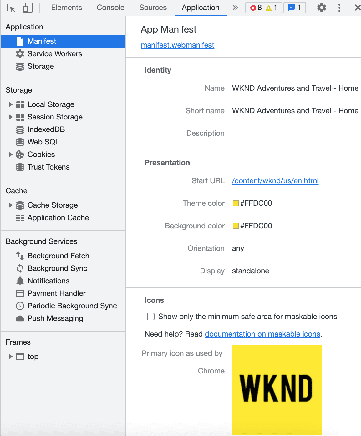 DevTools の [Application] パネルに表示された PWA。