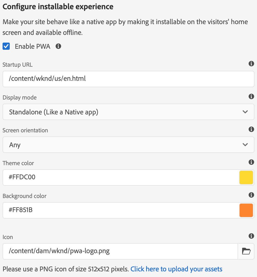 Configurazione del manifest nella finestra di dialogo dell&#39;esperienza installabile.