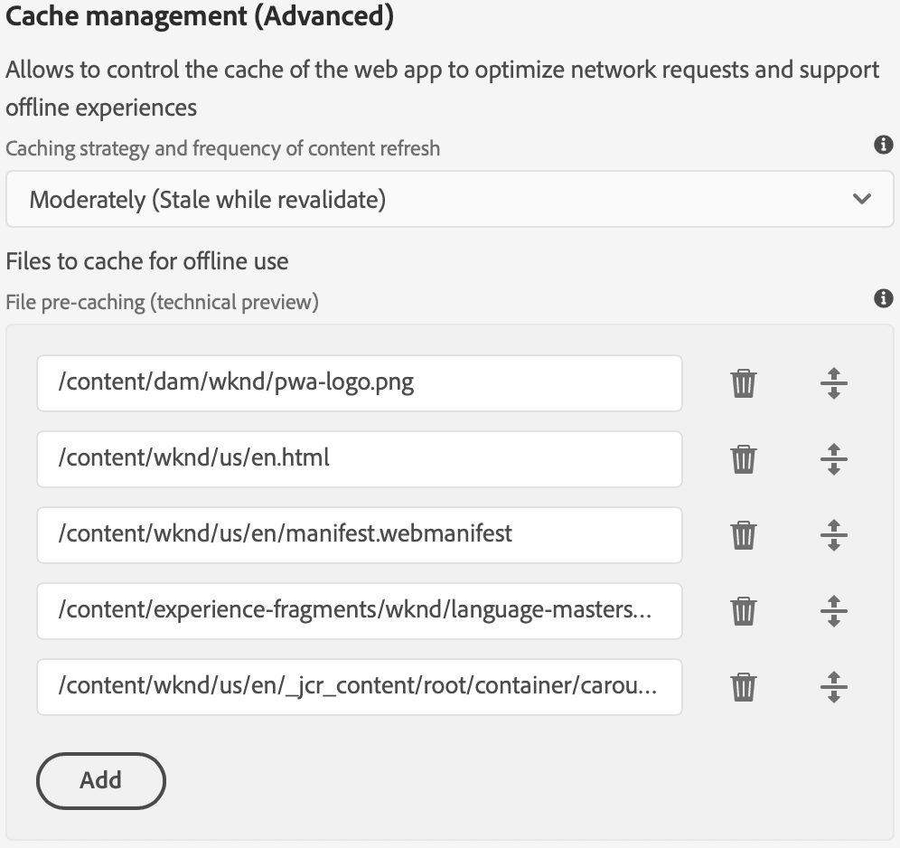 [Cache Management (Advanced)] ダイアログ ボックスを使用した Service Worker の構成。