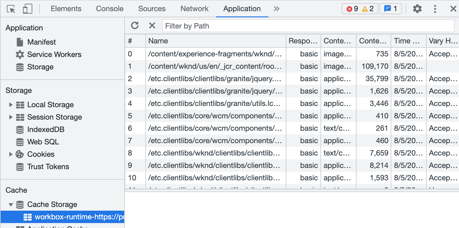 Vue du stockage du cache dans DevTools.