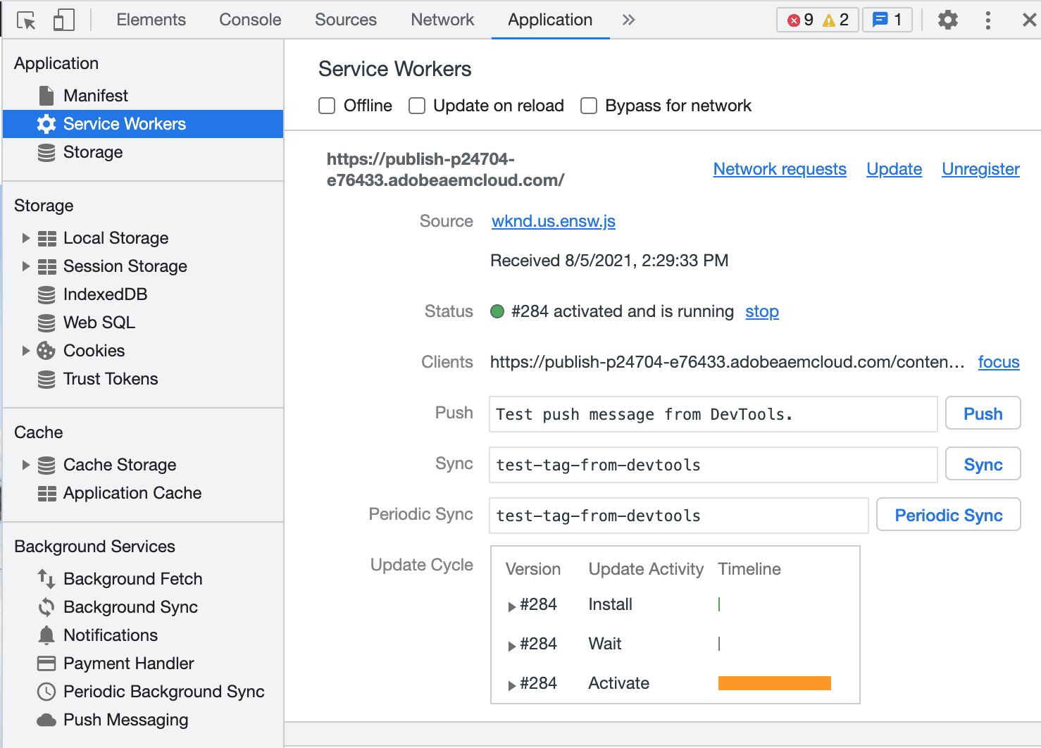 DevTools hizmet çalışanı paneli.