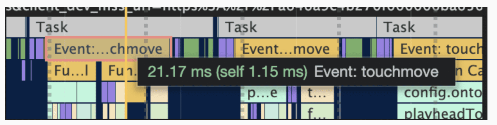 Événement de 21,17 ms affiché dans la timeline des performances.