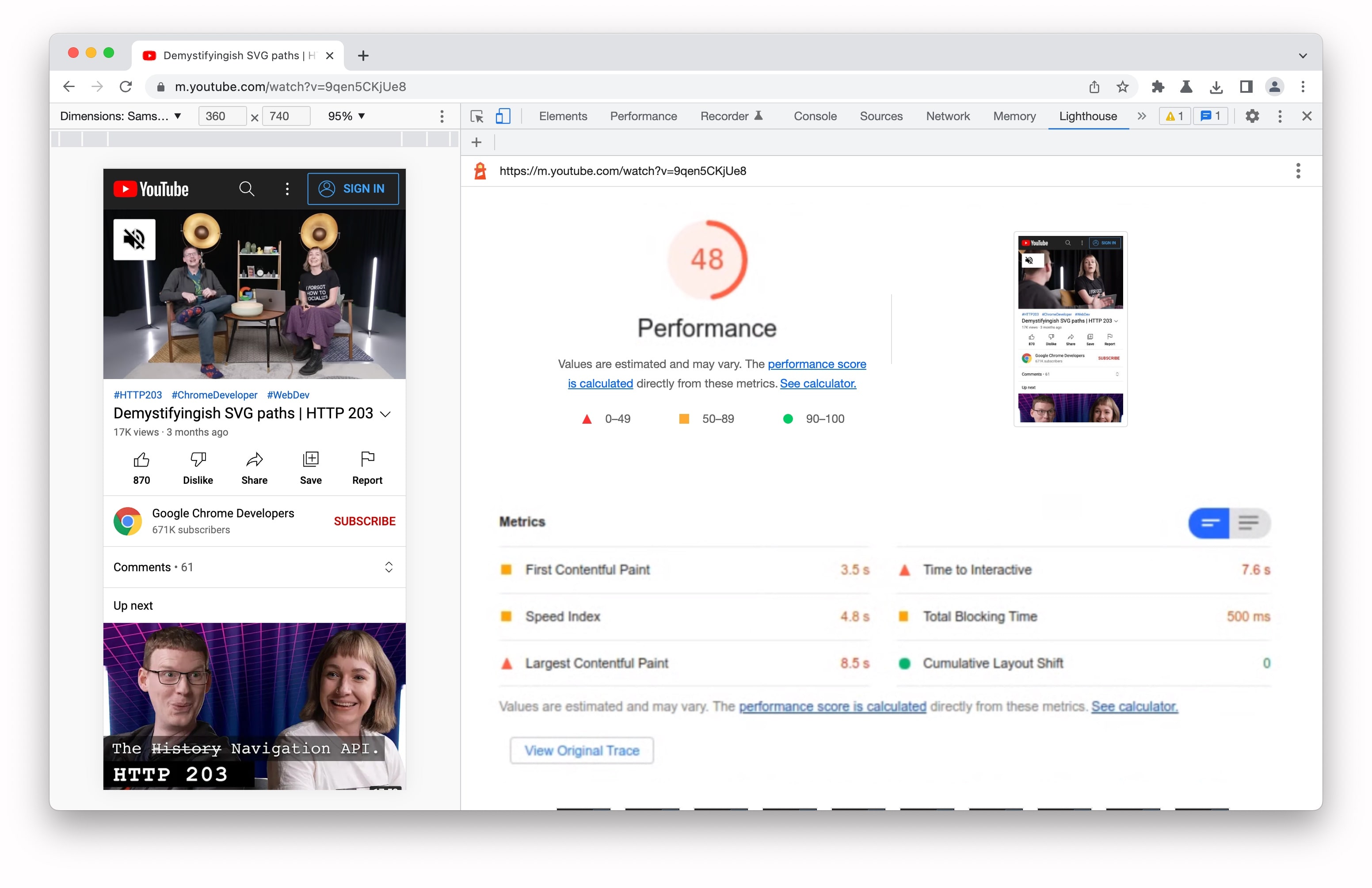 Raport Lighthouse dotyczący YouTube na urządzeniach mobilnych.