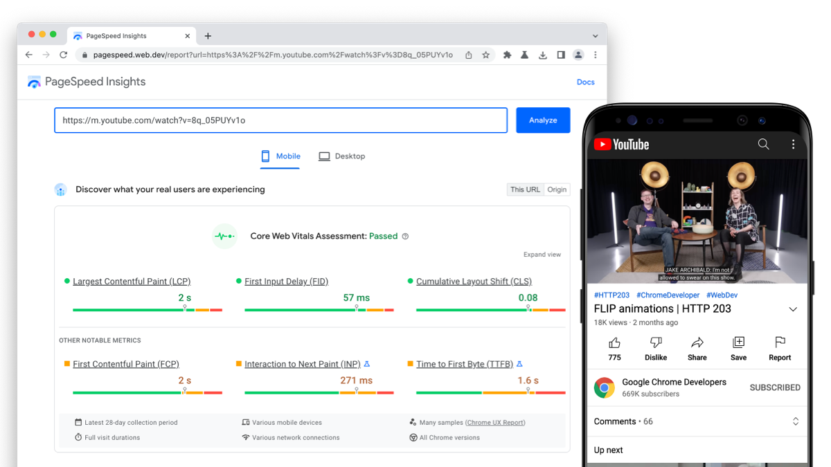 PageSpeed Insights muestra los datos del Informe de experiencia de usuario de Chrome para la Web móvil de YouTube y aprueba las Métricas web esenciales.